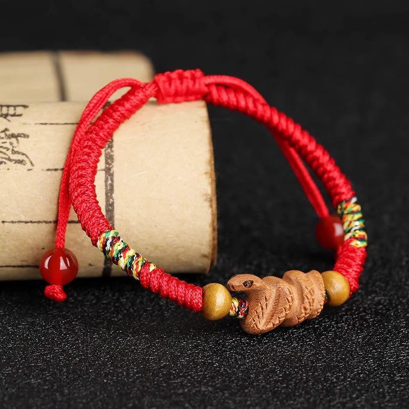 Handmade Chinese Zodiac Red String Peach Wood Luck Bracelet