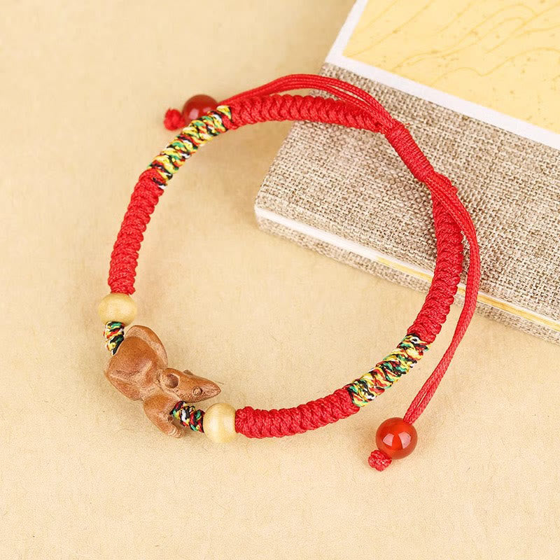 Handmade Chinese Zodiac Red String Peach Wood Luck Bracelet