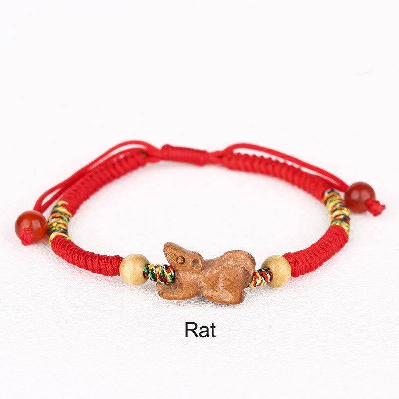 Handmade Chinese Zodiac Red String Peach Wood Luck Bracelet