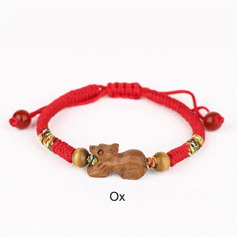Handmade Chinese Zodiac Red String Peach Wood Luck Bracelet