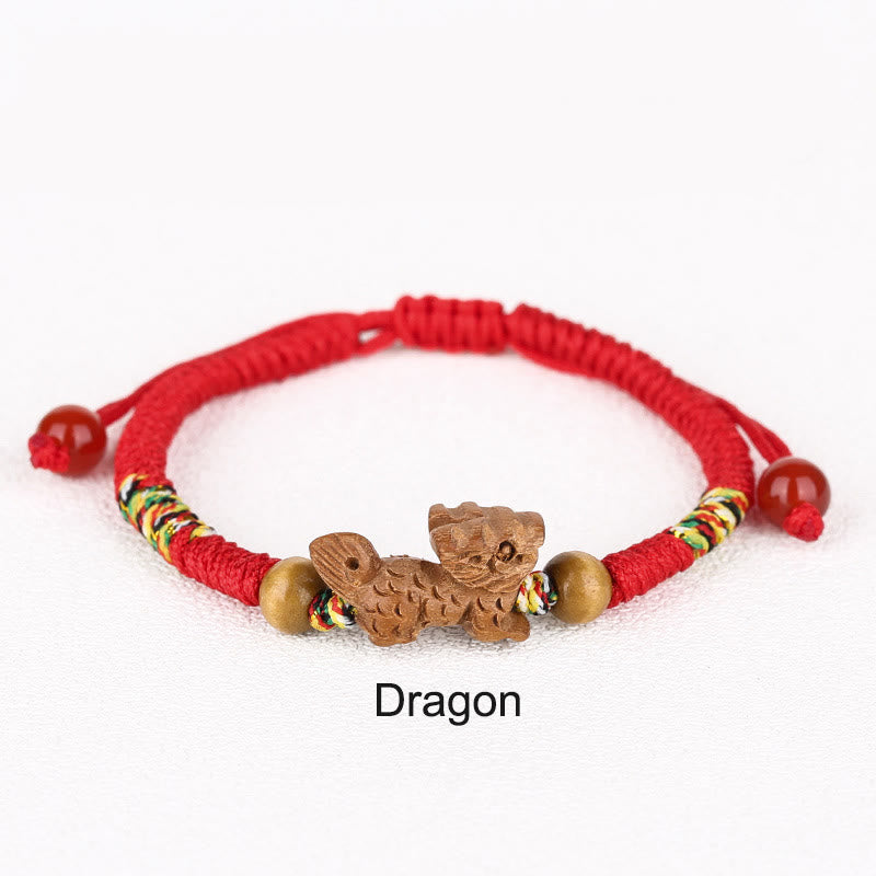 Handmade Chinese Zodiac Red String Peach Wood Luck Bracelet