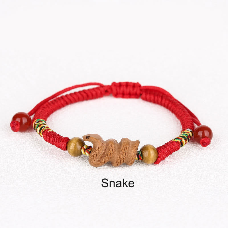 Handmade Chinese Zodiac Red String Peach Wood Luck Bracelet