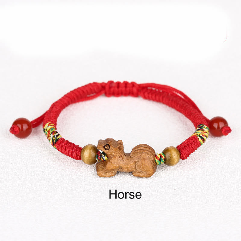 Handmade Chinese Zodiac Red String Peach Wood Luck Bracelet