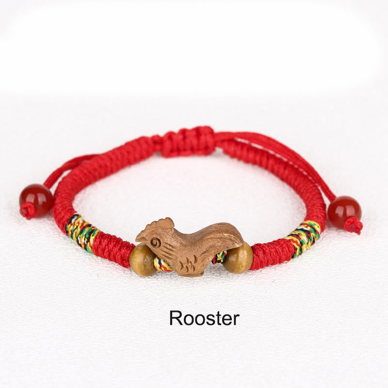 Handmade Chinese Zodiac Red String Peach Wood Luck Bracelet