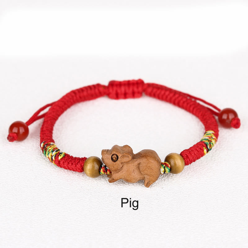 Handmade Chinese Zodiac Red String Peach Wood Luck Bracelet