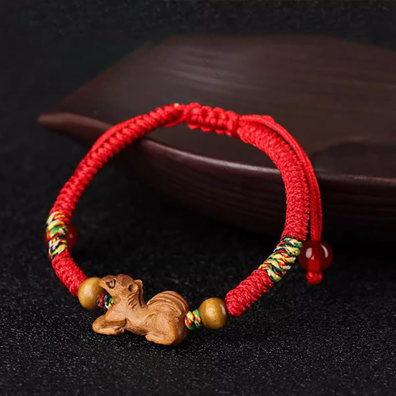 Handmade Chinese Zodiac Red String Peach Wood Luck Bracelet