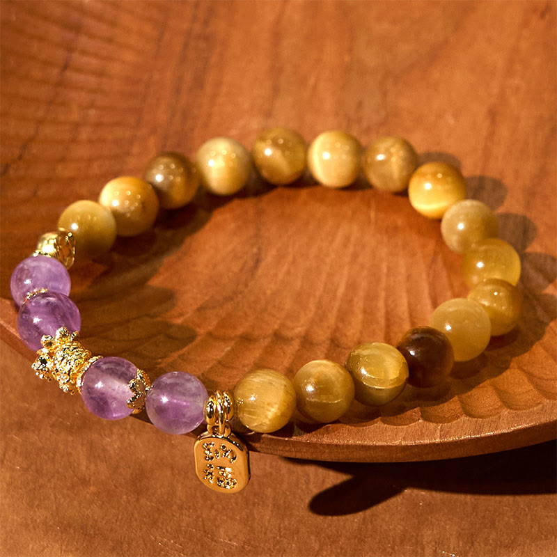 Year of the Snake Tiger Eye Amethyst Fu Character Strength Bracelet
