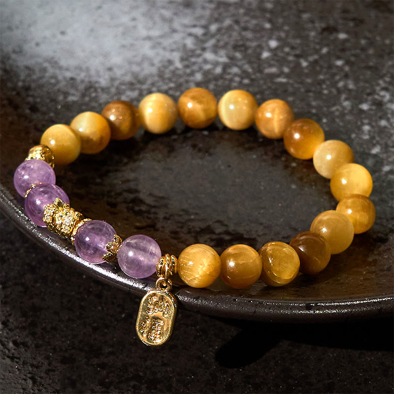 Year of the Snake Tiger Eye Amethyst Fu Character Strength Bracelet