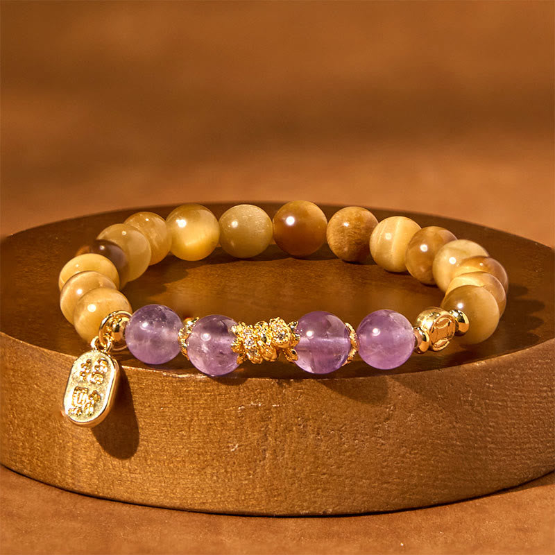Year of the Snake Tiger Eye Amethyst Fu Character Strength Bracelet
