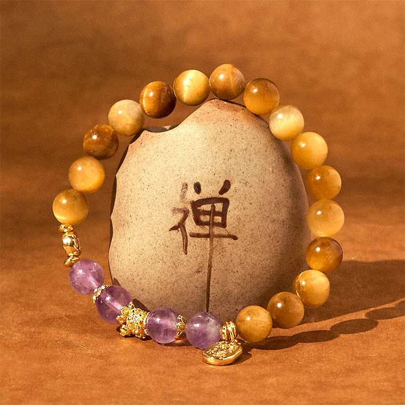 Year of the Snake Tiger Eye Amethyst Fu Character Strength Bracelet
