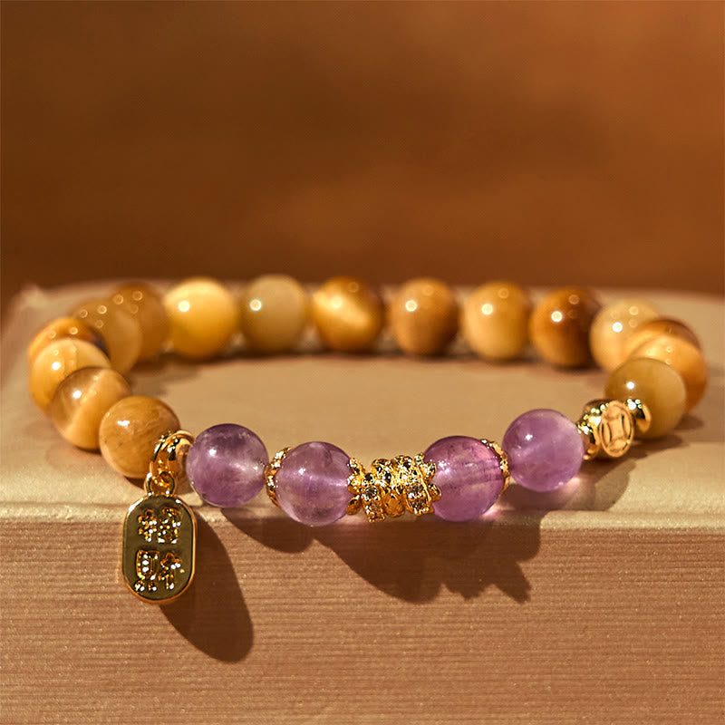 Year of the Snake Tiger Eye Amethyst Fu Character Strength Bracelet