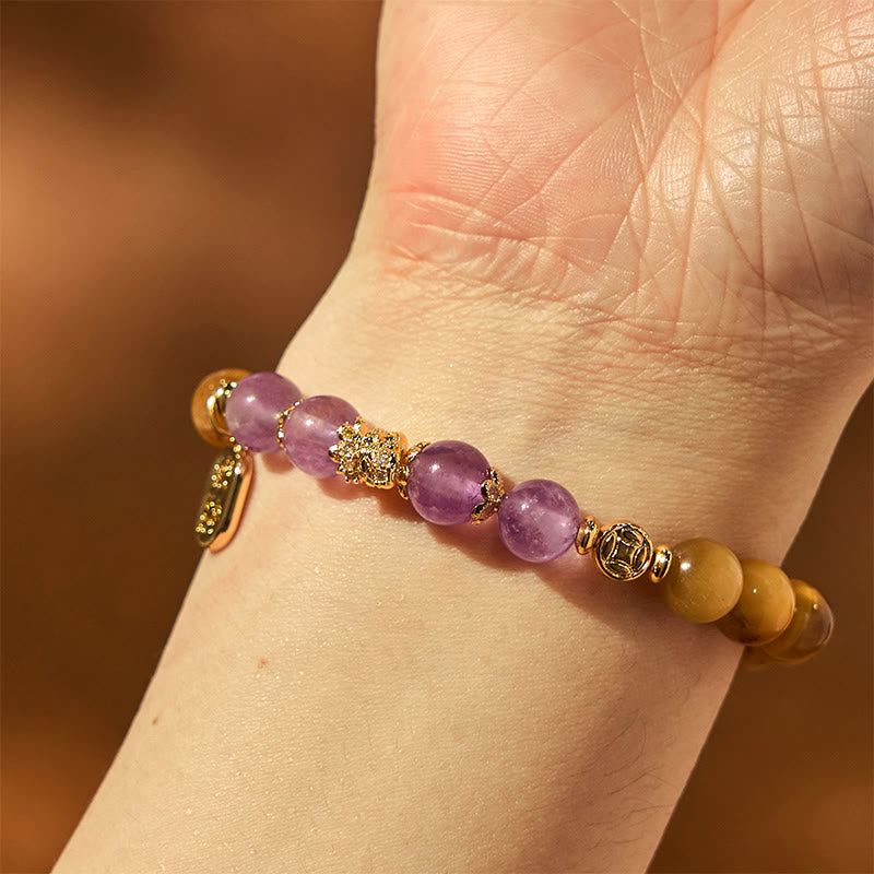 Year of the Snake Tiger Eye Amethyst Fu Character Strength Bracelet